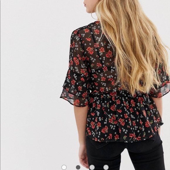 Floral print blouse, red and black - Picture 3 of 6